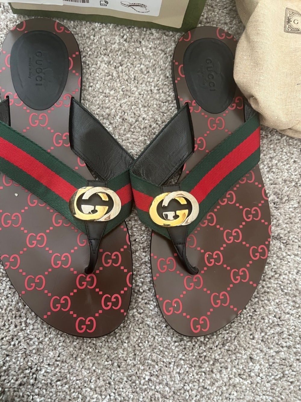 Gucci Brown & Red GG Logo Thong Sandals with Green-Red Webbing